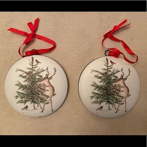 Large Christmas Tree, Deer, Cardinal & Birds Ornaments Set of 2, Red Ribbon Hook